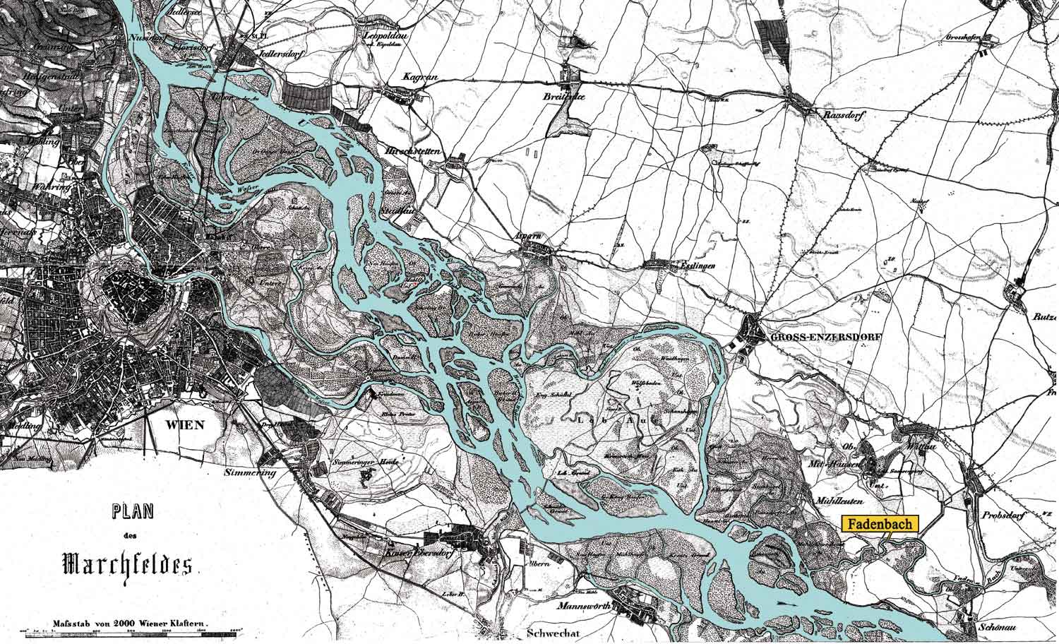 Name Der Donau In Der Antike Kreuzworträtsel Historische Karte/Landkarte der Donau unterhalb Wien (Lobau, Marchfeld)